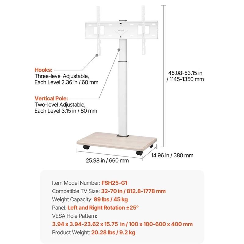 Rolling TV Stand Mobile TV Cart Holds Up to 99 lbs for 32-70 Inch - 42 inches