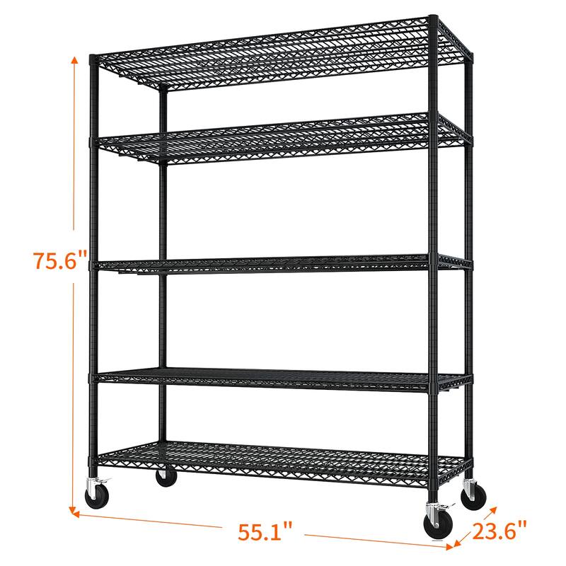 Black Adjustable 5-Layer Steel Wire Storage Shelf with Lockable Caster Wheels for Garage and Home