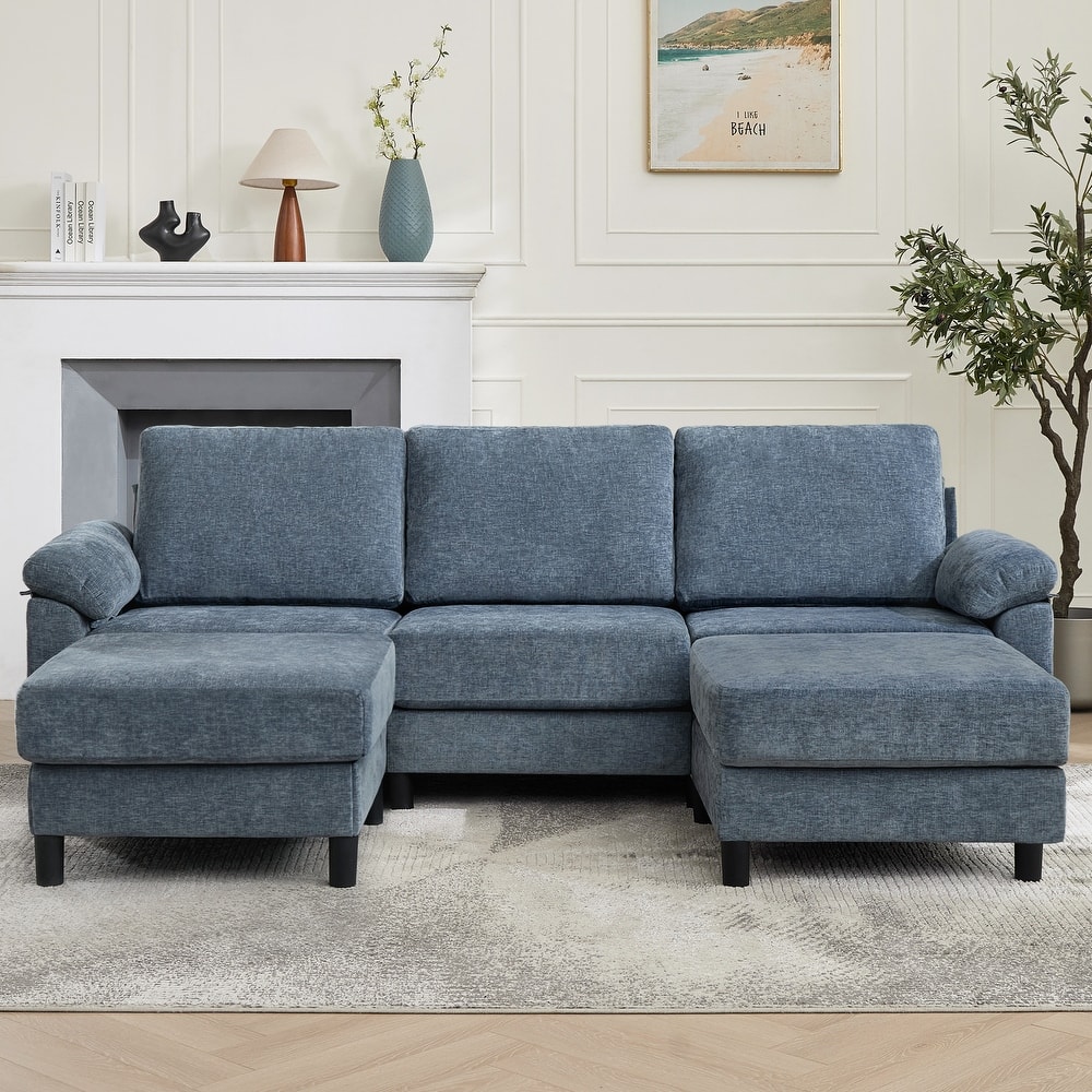 L-Shaped Chenille 3-Seat Modular Sectional Sofa with 2 Ottomans