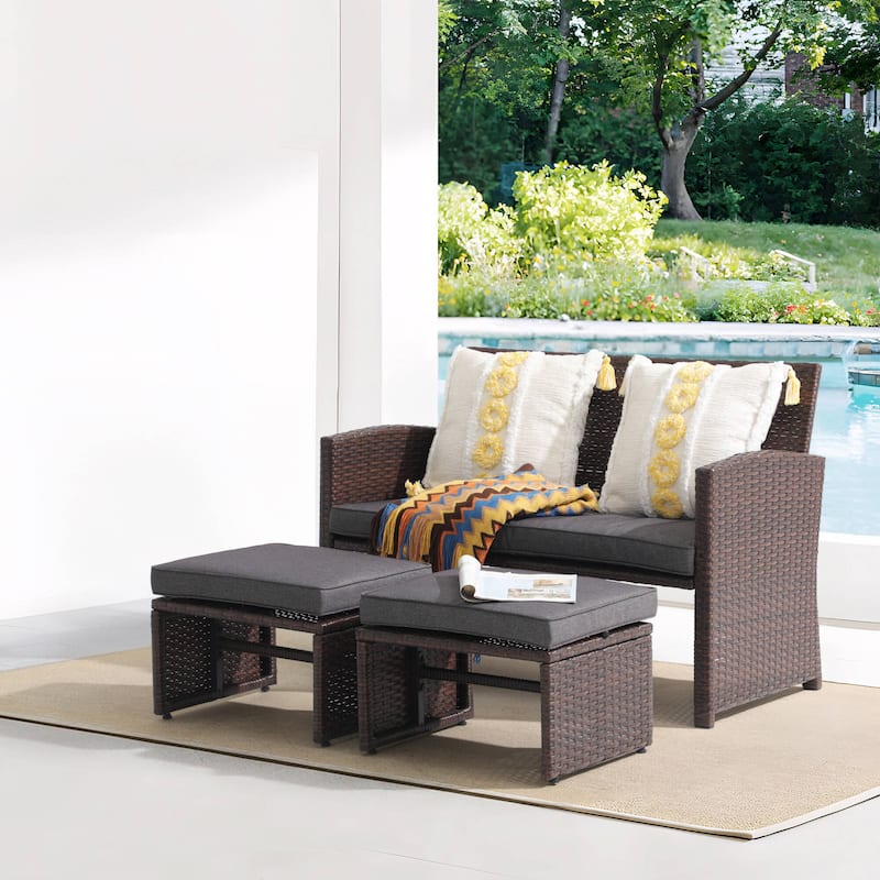 3-piece Outdoor Rattan Sofa Set with Cushions - Brown/Grey