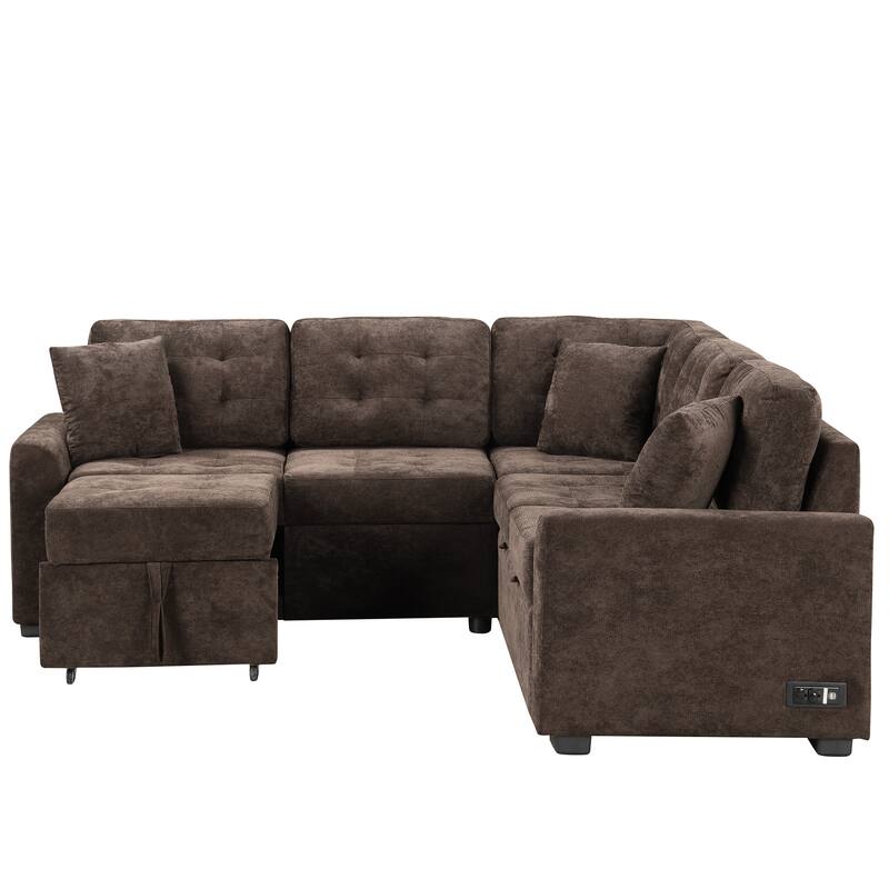 Brown L-Shape Sofa Bed with Pull-Out Sleeper, USB Ports, Power Sockets