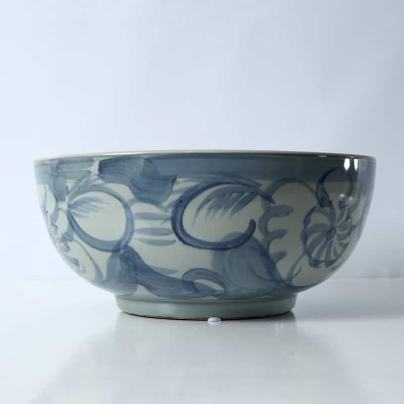 Approx. 16" Wide Blue and White Bowl with Flower Motif