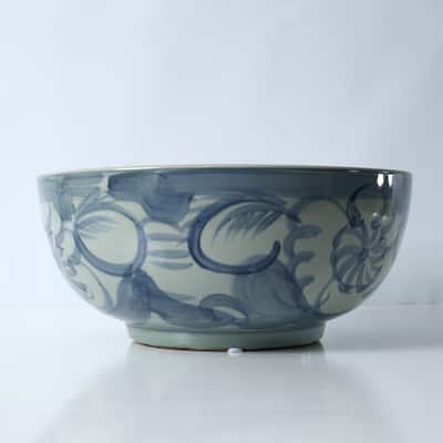 Approx. 16" Wide Blue and White Bowl with Flower Motif