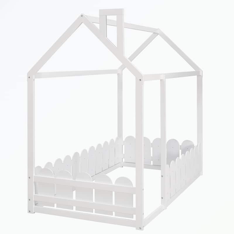 Twin Size Wood Bed House Bed Frame with Fence
