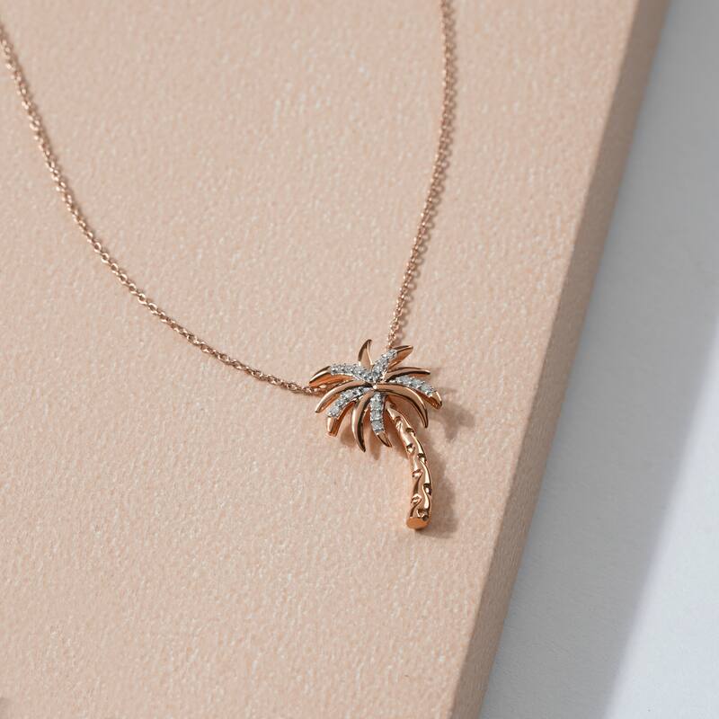 1/20ct Diamond Accented Palm Tree Pendant Necklace in Silver for Women - Pink Rhodium on Silver