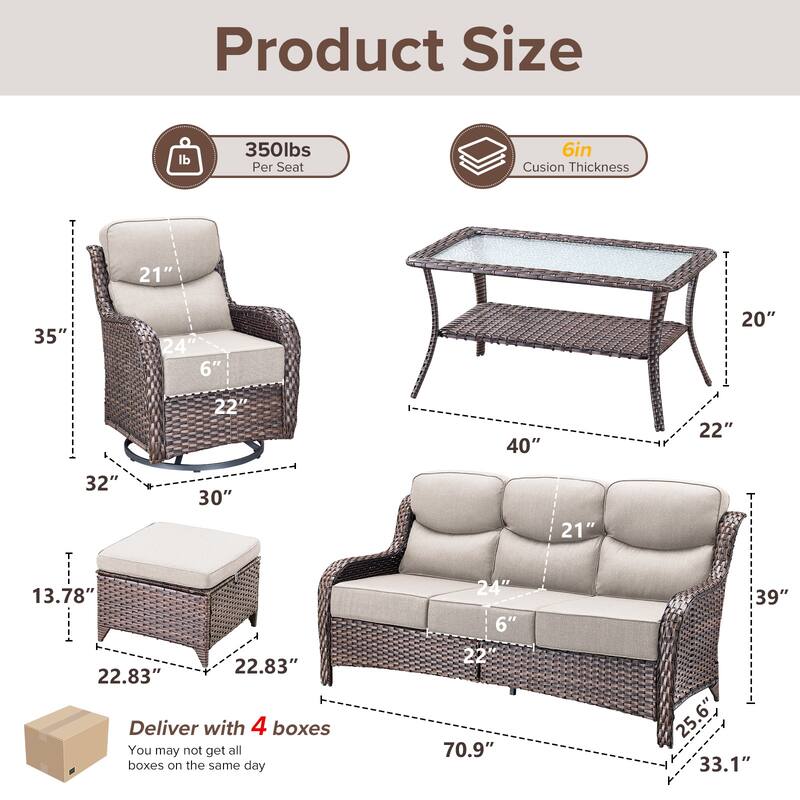 Gymojoy 6-Piece Patio Furniture Set with Swivel Glider Chairs, 6-Inch Ultra-Plush Cushions & Water-Resistant Olefin Fabric