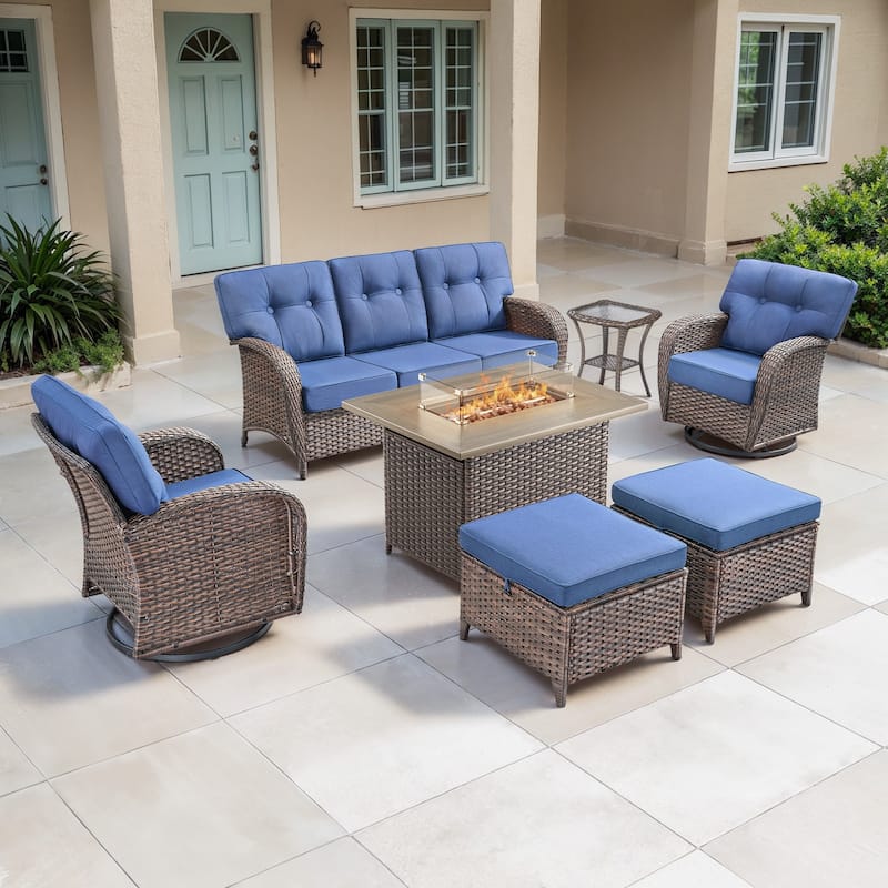 TWrap Wicker Patio Fire Pit Conversation Set with 3-Seat Sofa & Swivel Gliders