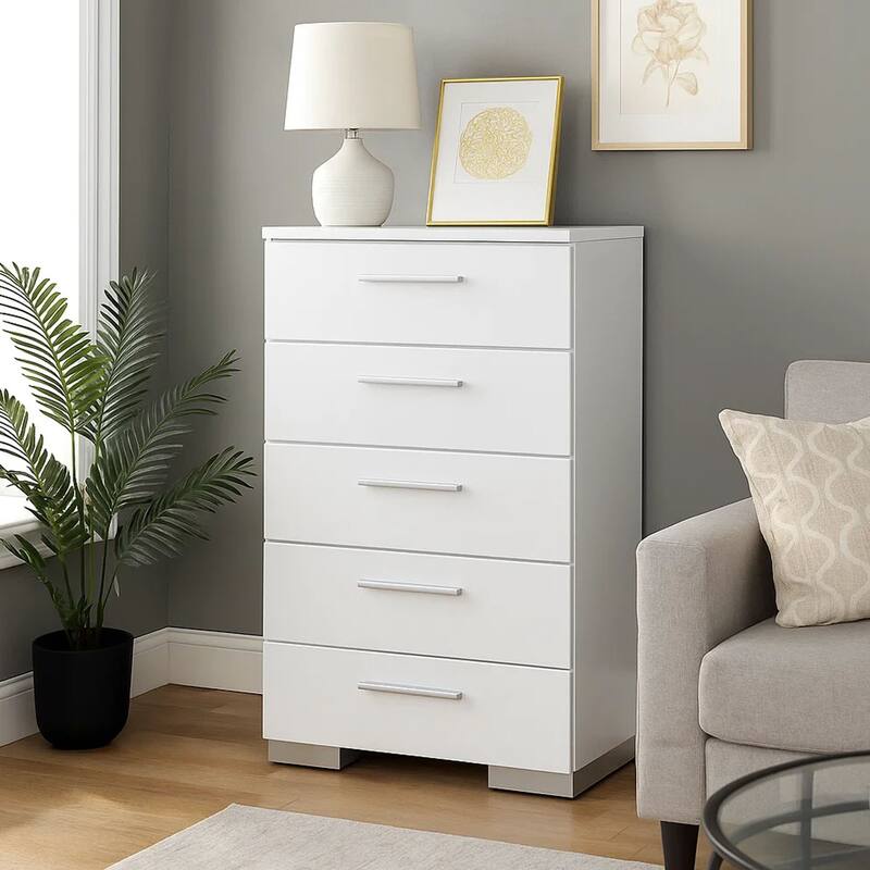 Contemporary Solid Wood Chest With Five Drawers, Glossy White