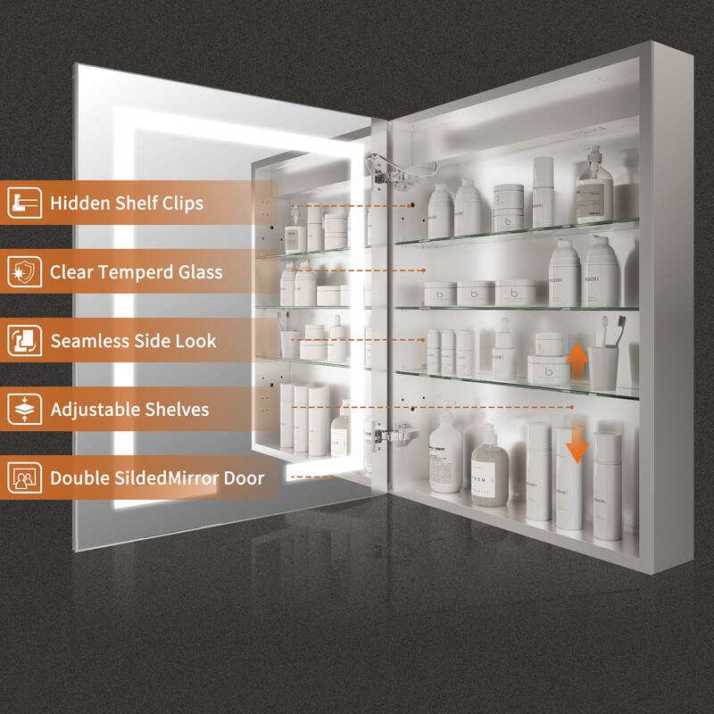 ExBrite 24" x 30" LED Lighted Bathroom Medicine Cabinet with Mirror,Recessed or Surface Mount,Defog