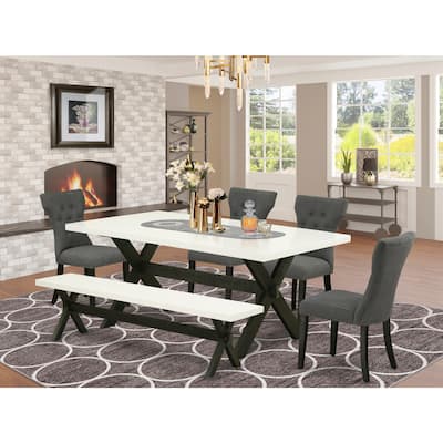 Modern 6-Piece Dinette Set - Kitchen Table with Chairs & Bench - Grey Linen Fabric & Black Finish