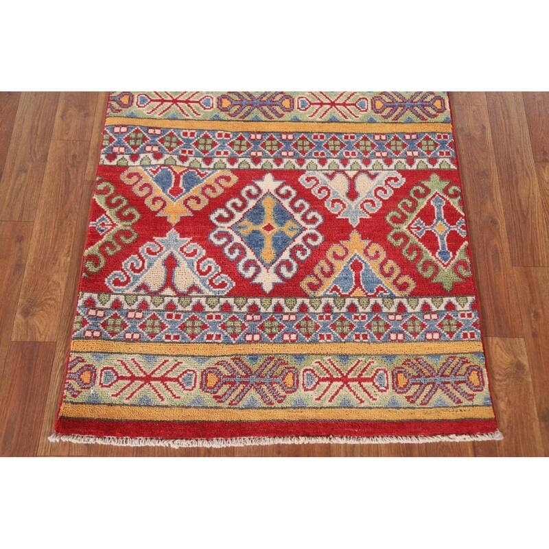 Hand Knotted Oriental 100% Wool Carpet Traditional All-Over Multi-Colored Kazak Runner Rug - 13' 11'' X 2' 6''