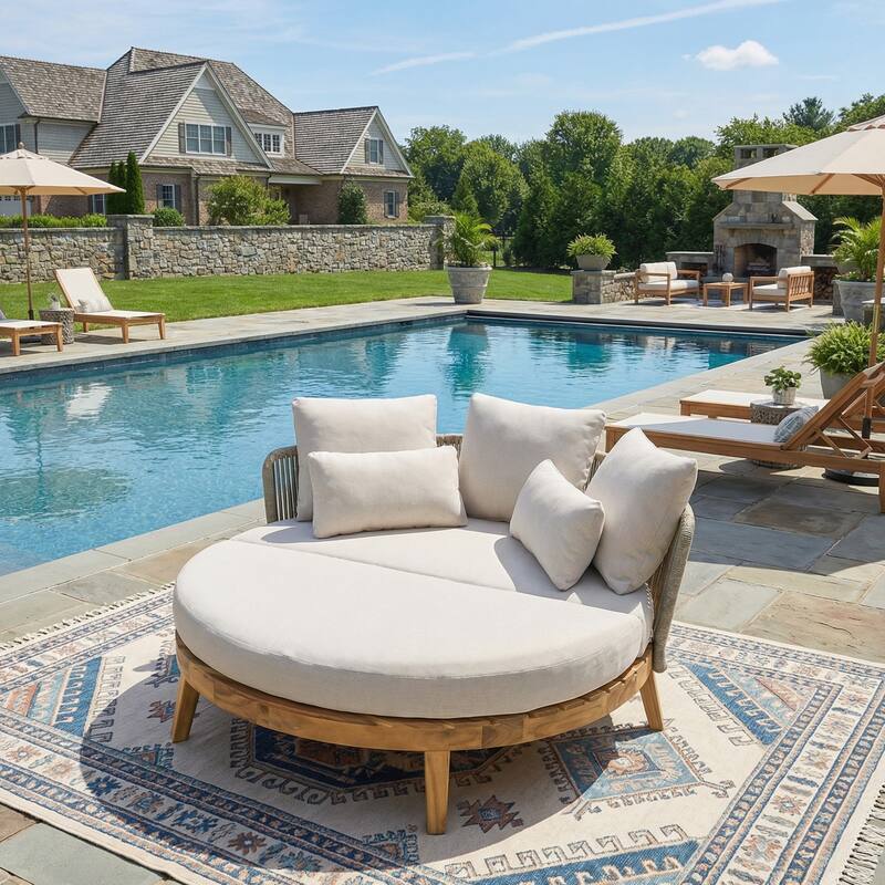 Christopher Knight Home - Martin 60" Coastal Outdoor Round Acacia Wood Daybed with Handwoven Rope Backrest & Cushions