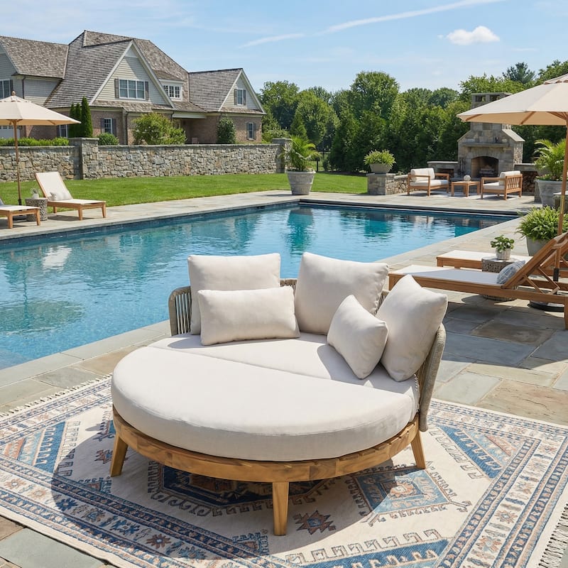 Christopher Knight Home - Martin 60" Outdoor Round Acacia Wood Daybed with Handwoven Rope Backrest & Cushions - Teak finish+Beige cushion