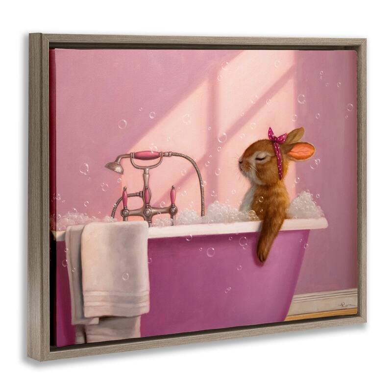 Stupell Bunny in Pink Relaxing Bath Framed Floater Canvas Wall Art Design By Lucia Heffernan