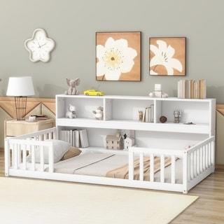 Twin Size Floor Bed with Bedside Bookcase and Shelves and Guardrails