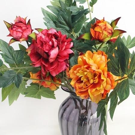 FloralGoods Luxury Real Touch Peony Flower Leaf Stem in Orange or Red 24" Tall