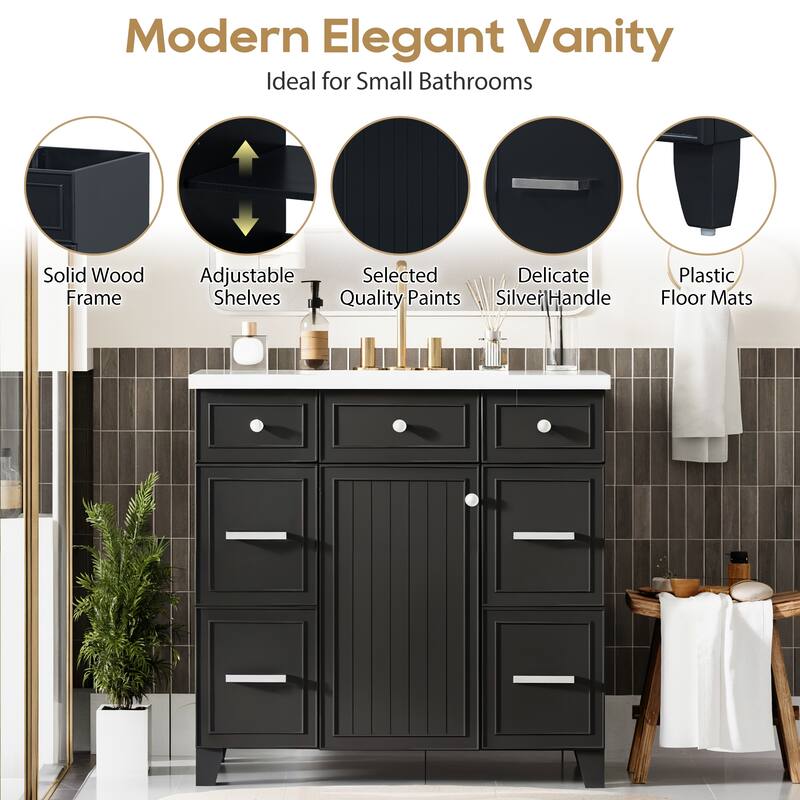 Modern 36-Inch Free-Standing Vanity with Single Sink, Storage Drawers & Adjustable Shelf