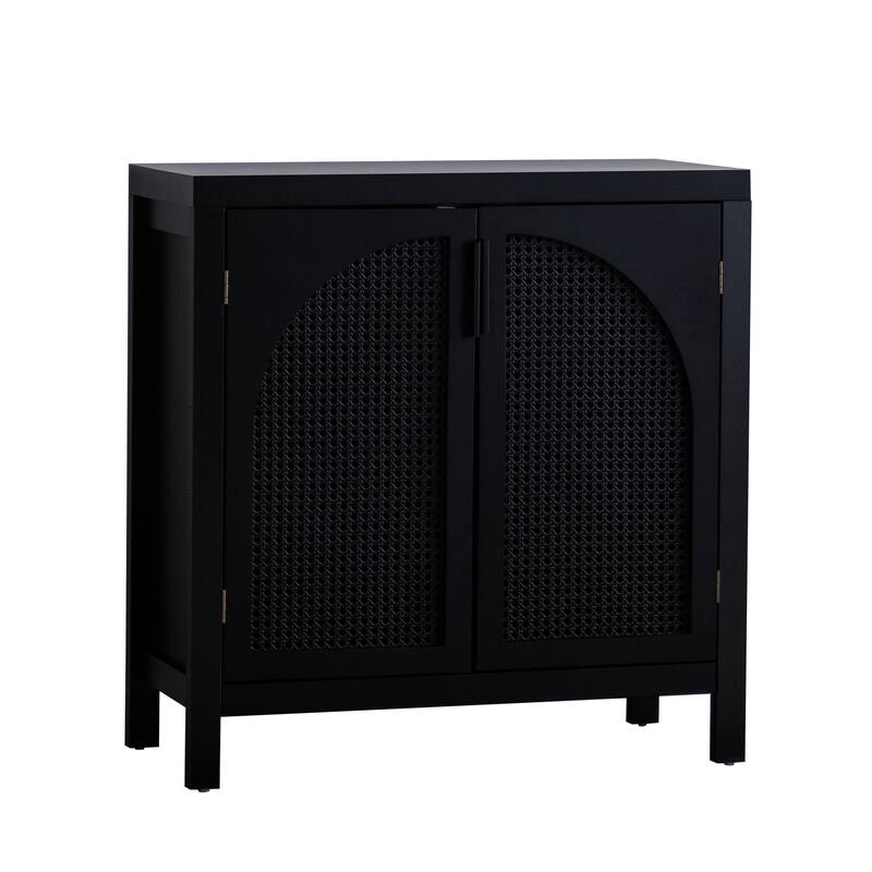 Accent Cabinet with Arched Rattan Doors, Multi-Functional Narrow Storage Cabinet, Buffet Cabinet with Adjustable Shelf