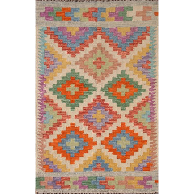 Reversible Kilim Area Rug Flatweave Geometric Wool Carpet - 3'6"x 5'4"