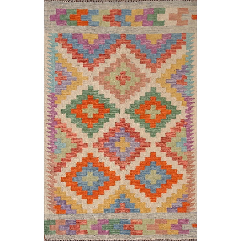 Reversible Kilim Area Rug Flatweave Geometric Wool Carpet - 3'6"x 5'4"