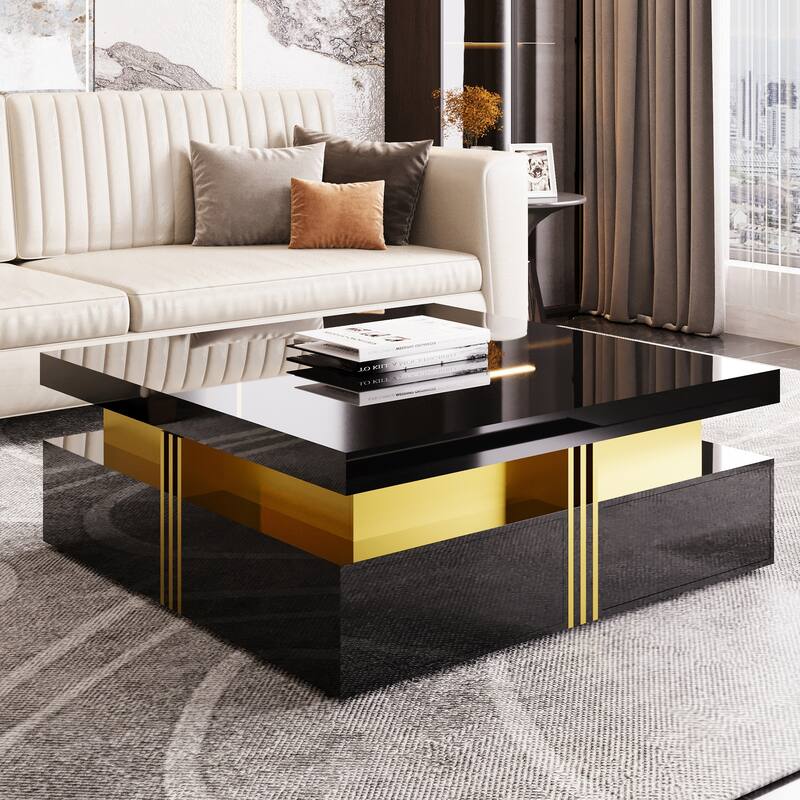 43.3" Modern Square Coffee Table with 4 Hidden Drawers, Glossy Living Room Table with Gold Accents, Space-Saving Storage Table