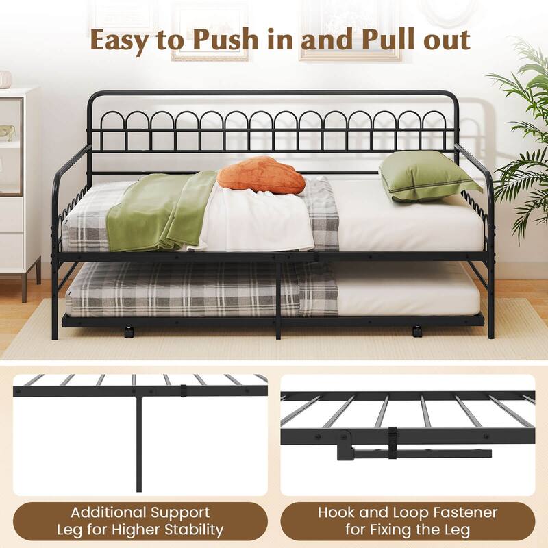 Costway Twin Daybed with Trundle Curved Backrest & Armrests Heavy-duty