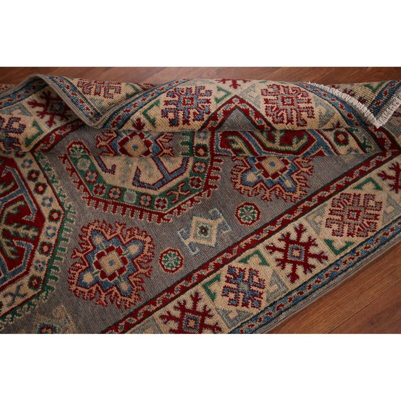 Gray Geometric Kazak Foyer Rug Hand-Knotted Wool Carpet - 3'5" x 4'11"