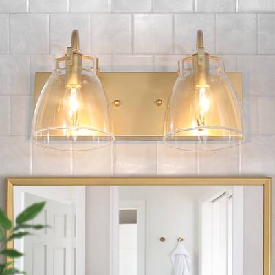 Chiry Mid-Century Modern 2-Light Gold Linear Clear Glass Bathroom Vanity Light - L13.5" x W6.5" x H8"