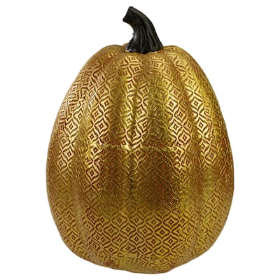 9.75" Gold and Orange Greek Key Textured Autumn Pumpkin Tabletop Decoration