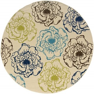 8' Round Ivory Round Floral Stain Resistant Indoor Outdoor Area Rug - 6 ...