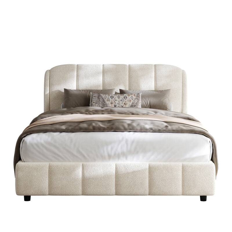 Queen Boucle Fabric Platform Bed, Soft Curved Headboard, Beige Finish, Simple Setup