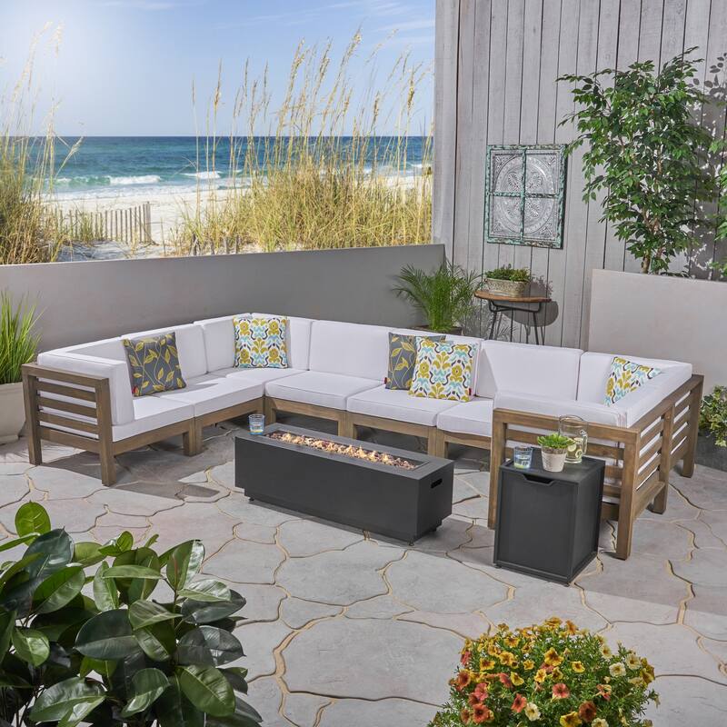 Malawi Outdoor 10-Piece U-Shaped Acacia Wood Sectional Sofa Set with Fire Pit by Christopher Knight Home