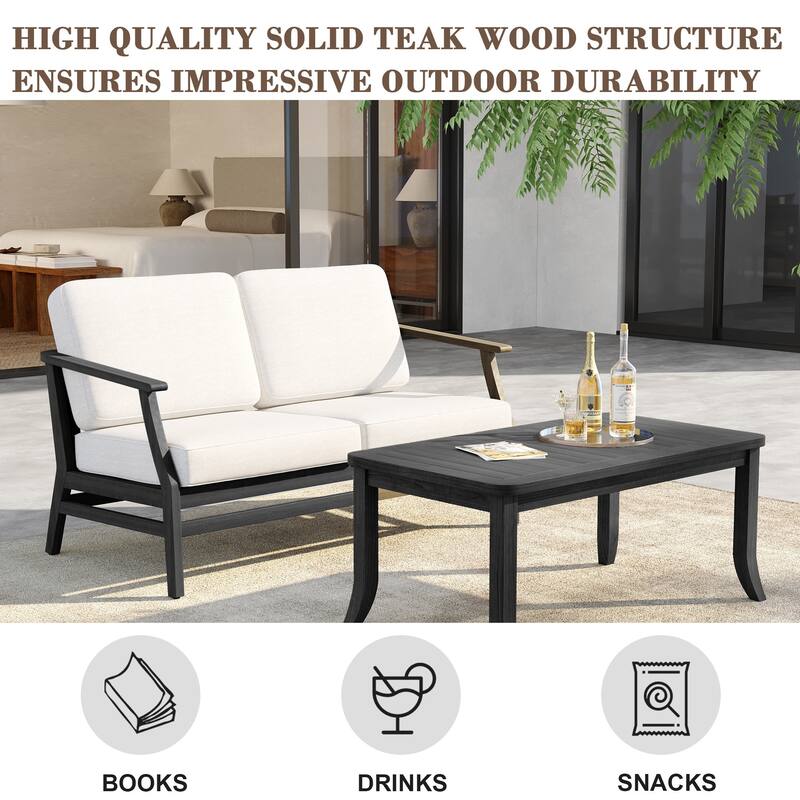Outdoor Loveseat Sofa with Coffee Table Teak Wood Patio Furniture