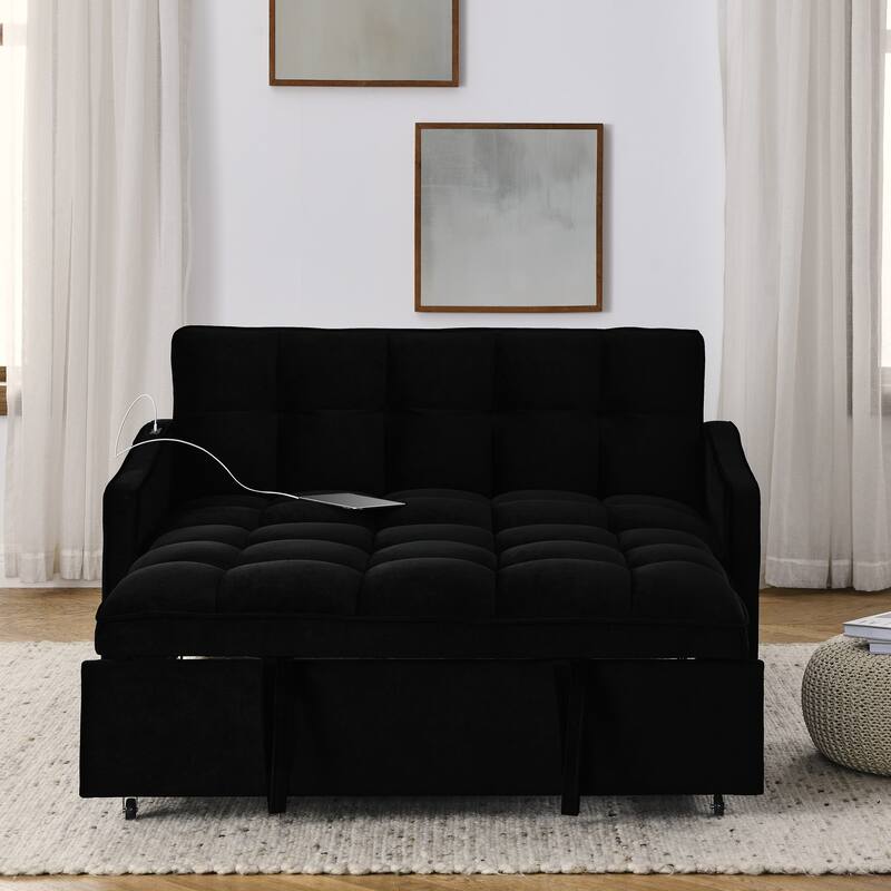 Modern 2-seat Sofa Bed with Pull-out Bed, Adjustable Back, Type C and USB Charging