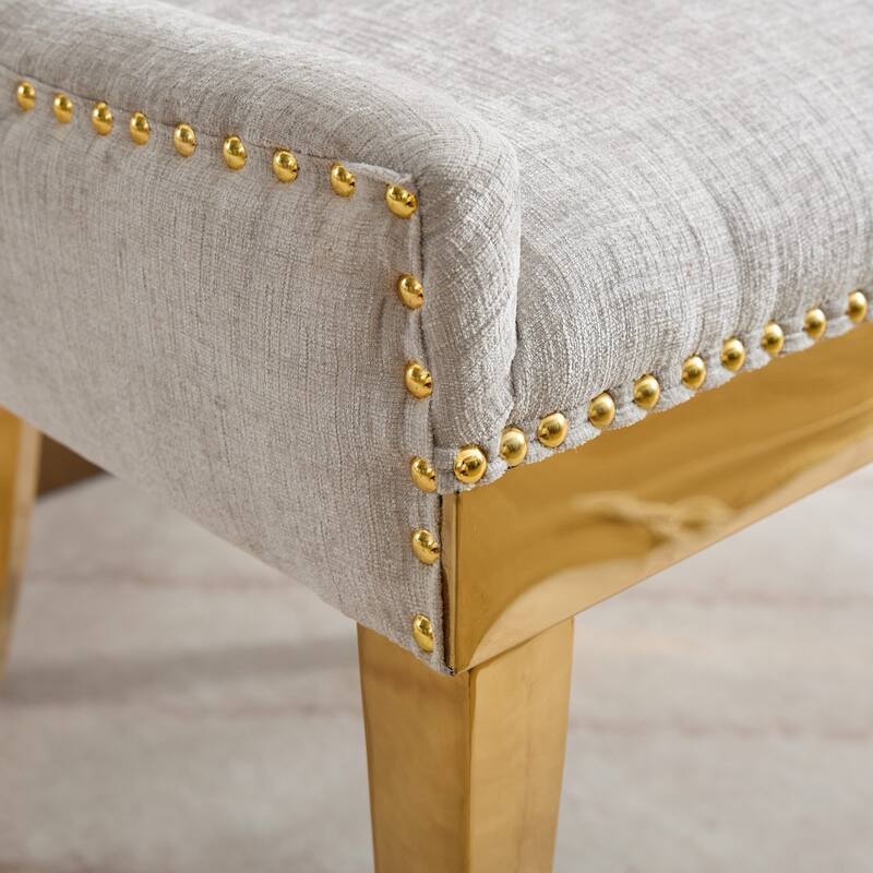 Chenille Dining Chairs, Modern Upholstered Accent Chair with Curved Gold-Plated Legs & Rivet Trim, Plush Fabric, Set of 2