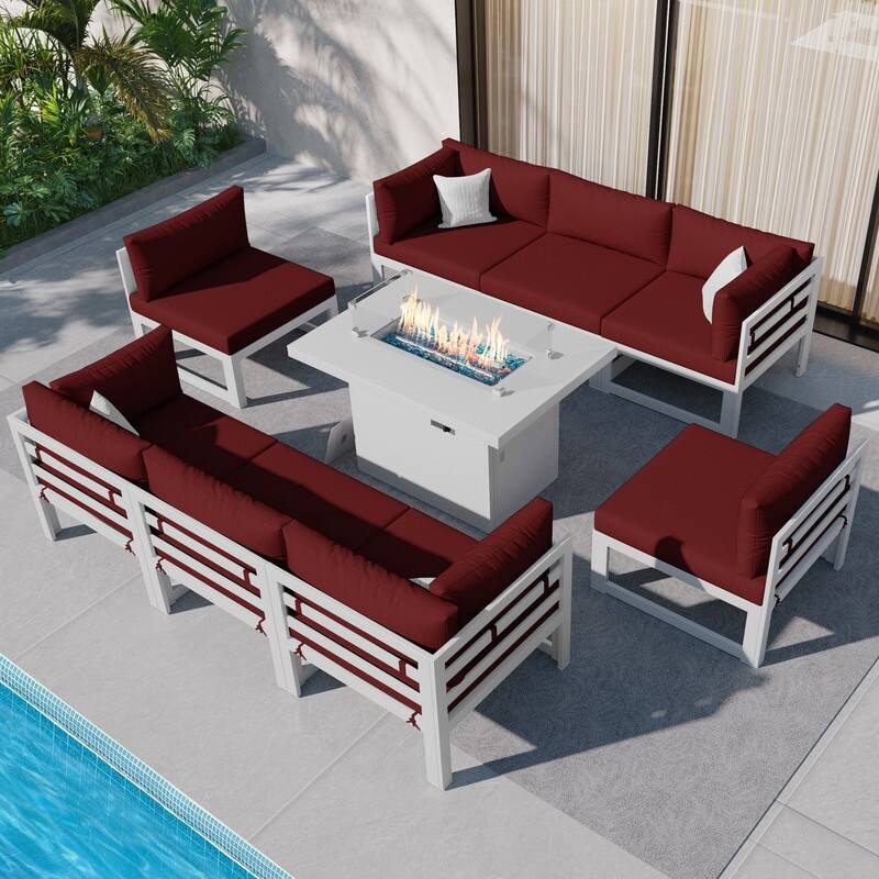 FINCATI 9-piece Extra-large Luxury Aluminum Patio Furniture Set with Deep Seating and Convertible 43'' Fire Pit Table - Burgundy