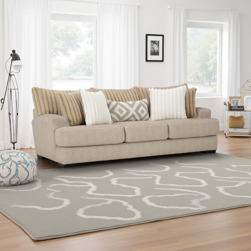 Laila Sofa, 5 Accent Pillows, 98 Inch Solid Wood, Light Brown Chenille