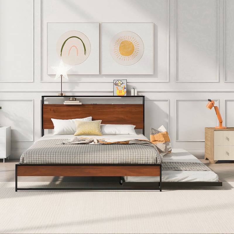 Queen Size Metal Platform Bed with Trundle, USB Ports and Slat Support - Black