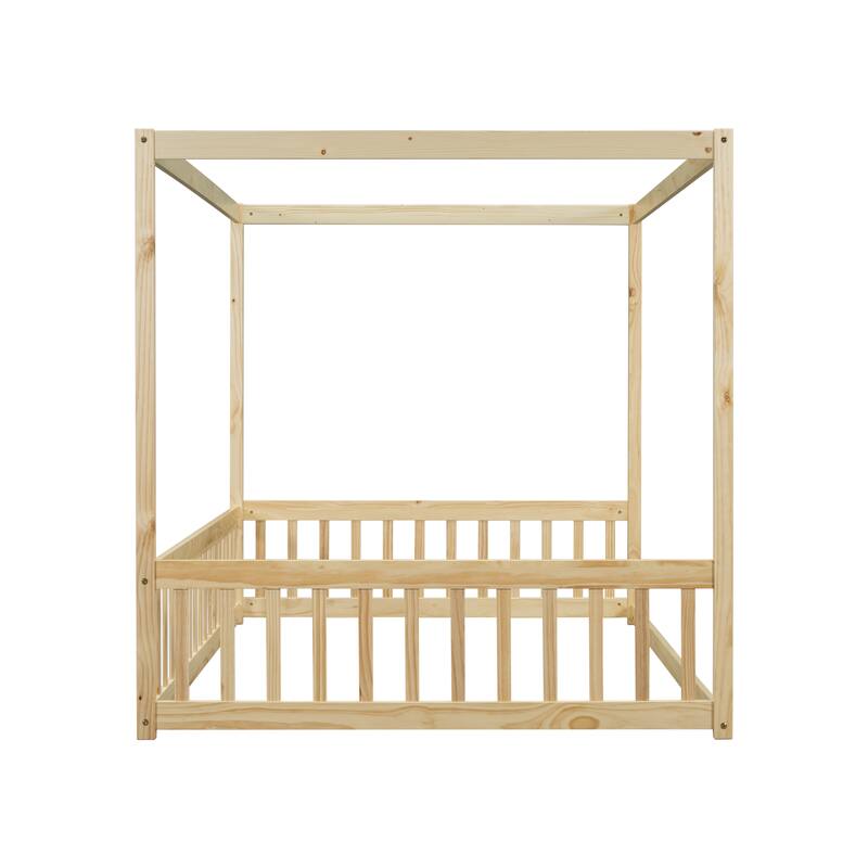 Pine Wood Canopy Frame Floor Bed with Fence and Guardrails for Bedroom