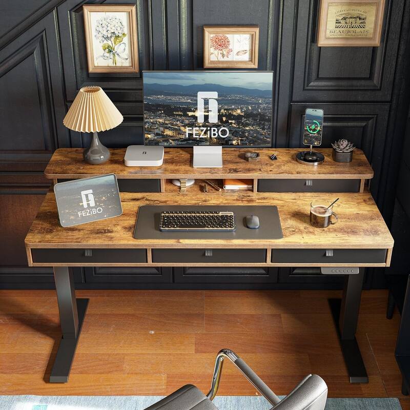 FEZIBO Height Adjustable Electric Standing Desk with 5 Drawers, Table with Storage Shelf, Sit Stand Desk - Rustic Brown - 24"D x 48"W x 47"H