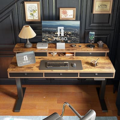 FEZIBO Height Adjustable Electric Standing Desk with 5 Drawers, Table with Storage Shelf, Sit Stand Desk