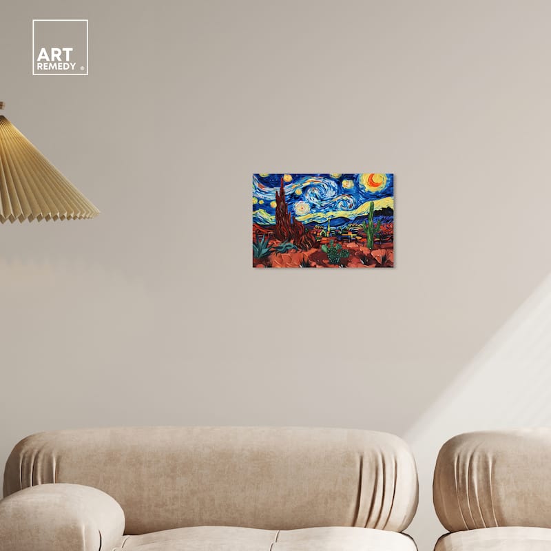 Art Remedy Desert Night Stars Gallery Wrapped Impressionism 1 Piece Canvas Wall Art /Monet And Van Gogh Inspired Art