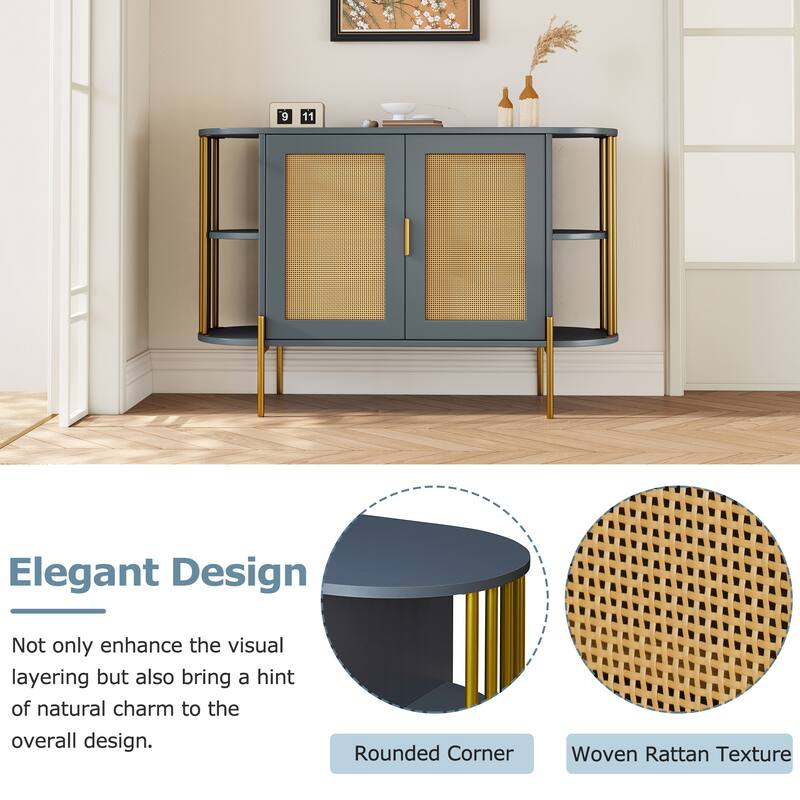 Curved Sideboard with Woven Rattan Doors and Open Storage - Dark Grey