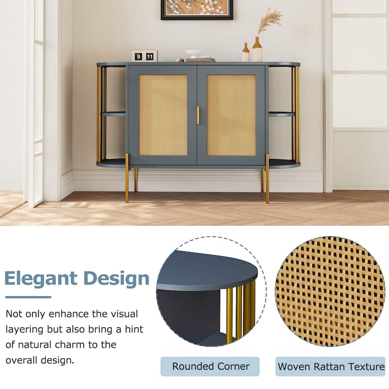 Elegant 2-Door Side Cabinet with Gold Trim and Woven Rattan Doors, Adjustable Shelves - 47.2"