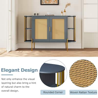 Woven Rattan Doors Sideboard & Buffet Curved Side Cabinet with Gold Trim, Dark Gray Bar Cupboard Console Table Accent Cabinet