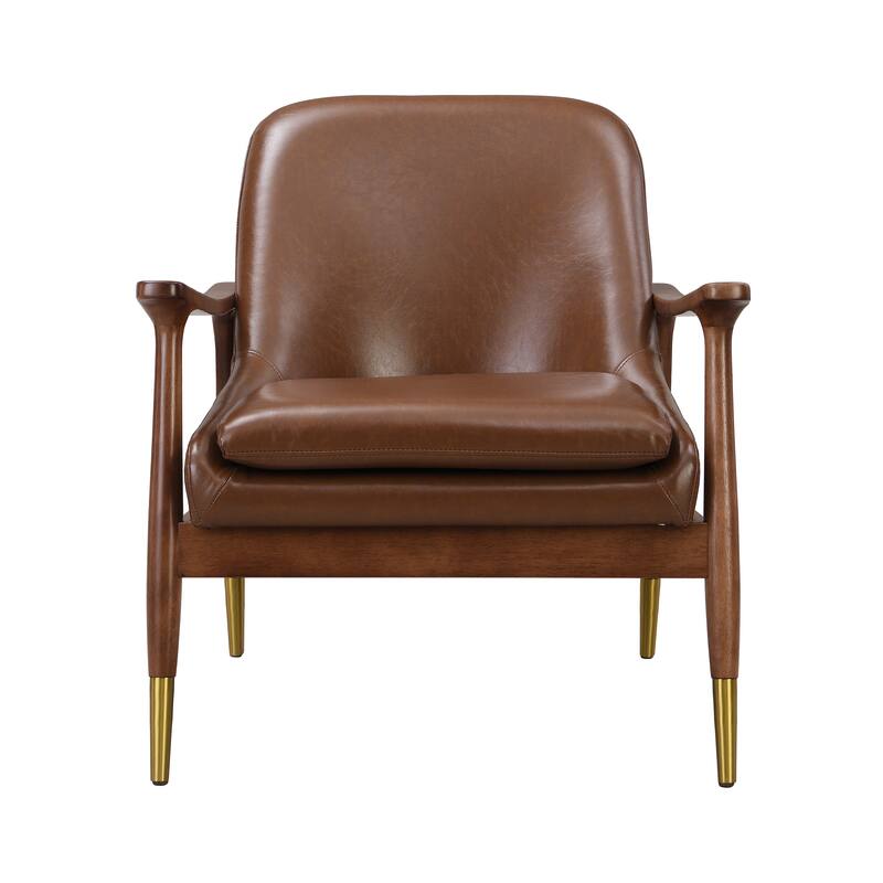 Faux Leather Mid-Century Accent Chairs (Set of 2) with Cushioned Seats, Solid Wood Frames, and Brass-Tipped Legs