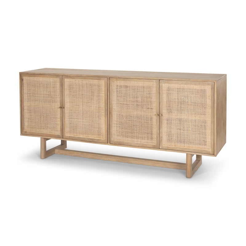 Grier Light Brown Solid Wood with Cane 4 Door Sideboard - 72.0L x 18.0W x 31.0H - Light Brown
