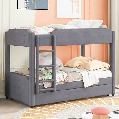 Twin over Twin Upholstered Bunk Bed with Trundle, Headboard