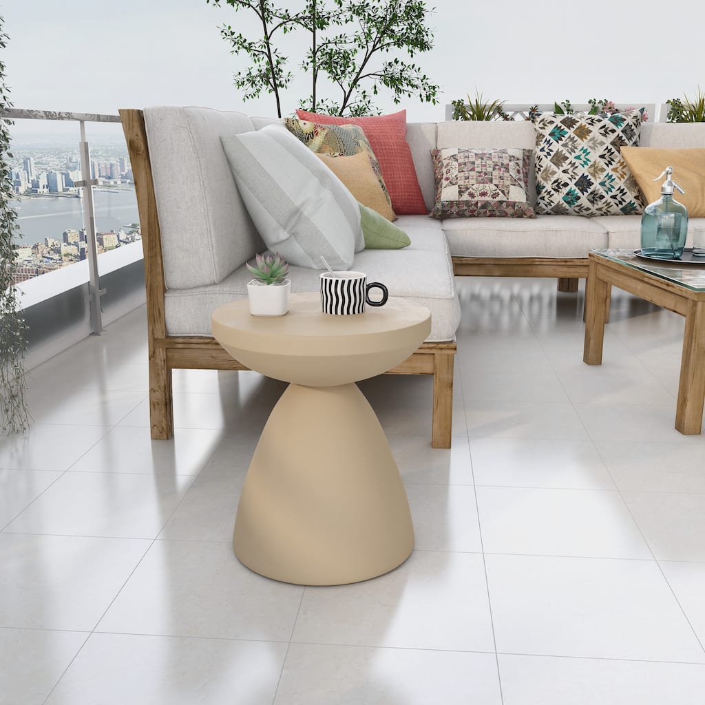 Dune Round Fiberstone Side Table, Weather Resistant Indoor Outdoor Pedestal End Table, No Assembly