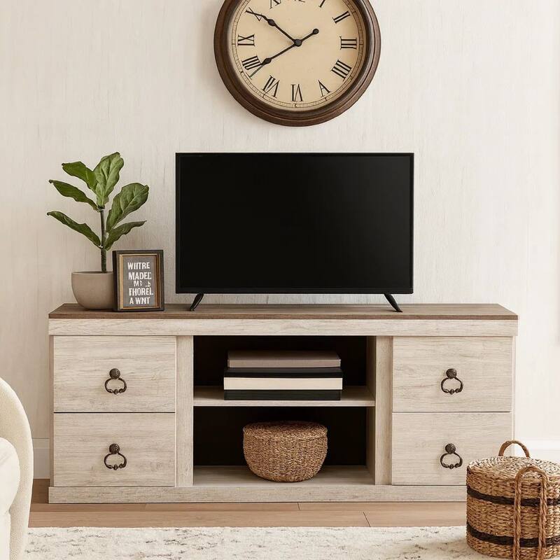 60 Inch Rustic TV Media Entertainment Console, Round Handles, Wood, White